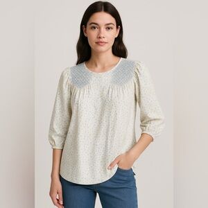 Dondolo Women's Floral Shirt Blue Ditsy Print Smocking S Shabby Chic Cottagecore